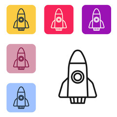 Poster - Black line Rocket ship icon isolated on white background. Space travel. Set icons in color square buttons. Vector