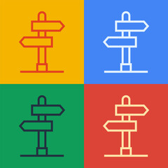 Poster - Pop art line Road traffic sign. Signpost icon isolated on color background. Pointer symbol. Isolated street information sign. Direction sign. Vector