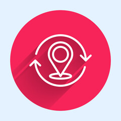 Poster - White line Map pin icon isolated with long shadow background. Navigation, pointer, location, map, gps, direction, search concept. Red circle button. Vector