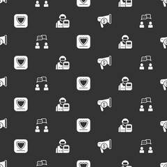 Poster - Set Megaphone and dollar, Speech bubble chat, Shield and Police officer on seamless pattern. Vector