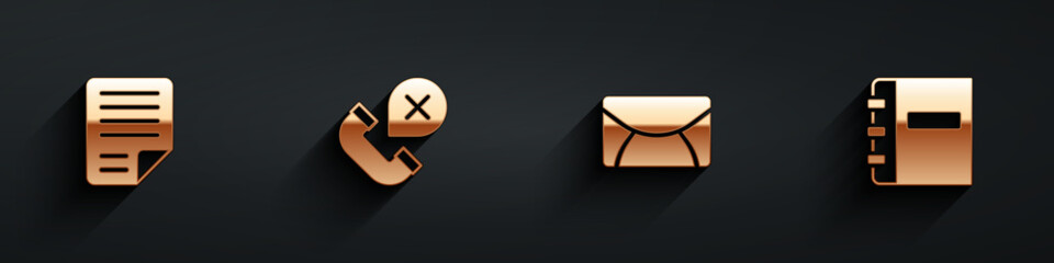 Poster - Set File document, Declined or missed phone call, Mail and e-mail and Notebook icon with long shadow. Vector