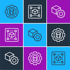 Poster - Set line 3D printer setting, Isometric cube and Geometric figure Cube icon. Vector