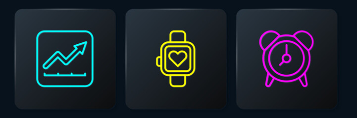 Poster - Set line Financial growth increase, Alarm clock and Smart watch. Black square button. Vector