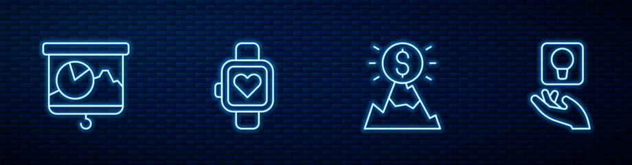 Poster - Set line Mountains with flag, Chalkboard chart, Smart watch and Light bulb. Glowing neon icon on brick wall. Vector