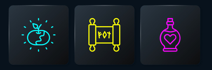 Poster - Set line Poison apple, Bottle with love potion and Magic scroll. Black square button. Vector