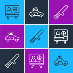 Poster - Set line Peace, Police rubber baton and car and flasher icon. Vector