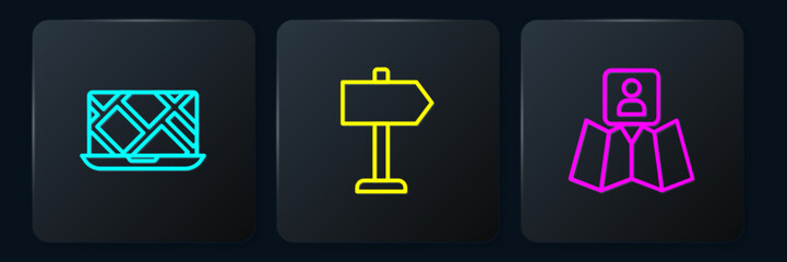 Aufkleber - Set line City map navigation, Folded with location marker and Road traffic sign. Black square button. Vector