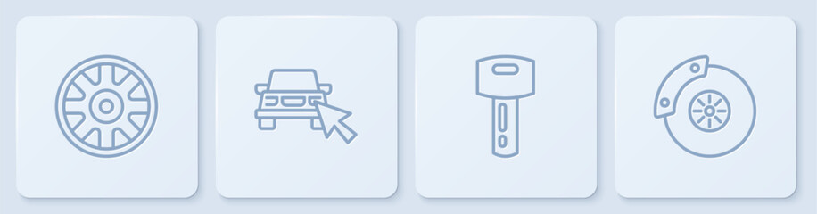Poster - Set line Alloy wheel for car, Car key with remote, Online sharing and brake disk caliper. White square button. Vector