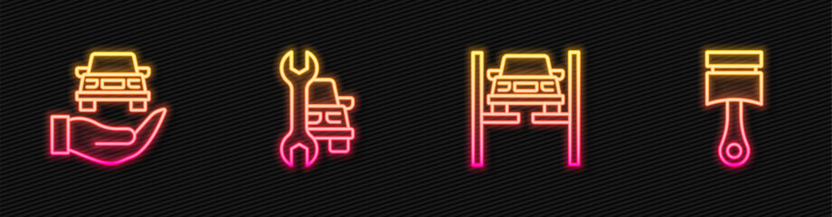 Poster - Set line Repair car on lift, Auto service check automotive, Car and Engine piston. Glowing neon icon. Vector