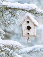 Poster - Snow-covered birdhouse hanging from pine branches creates a serene winter fairytale atmosphere in a snowy forest landscape