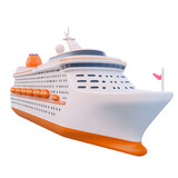 A computer-generated rendering of a large white cruise ship with orange accents and life rafts.