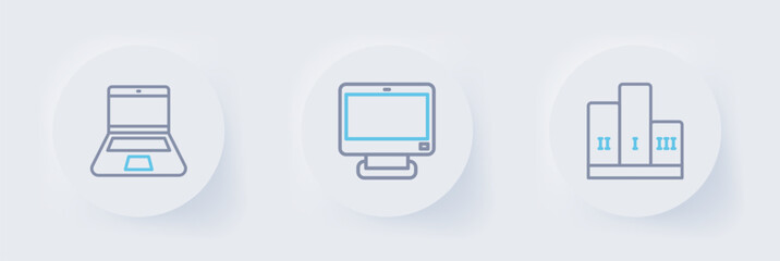 Poster - Set line Award over winner podium, Computer monitor and Laptop icon. Vector