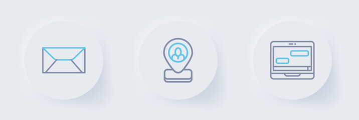 Poster - set line chat messages on laptop, worker location and envelope icon. vector