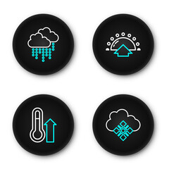 Poster - Set line Cloud with snow, Meteorology thermometer, Sunrise and rain icon. Vector
