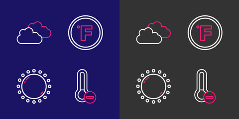 Poster - Set line Meteorology thermometer, Sun, Fahrenheit and Cloud icon. Vector