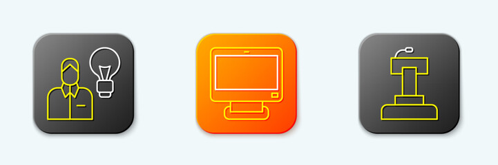 Poster - Set line Human with lamp bulb, Computer monitor and Stage stand tribune icon. Vector