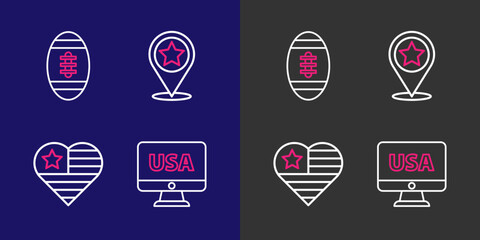Poster - set line usa on monitor, independence day, and american football ball icon. vector