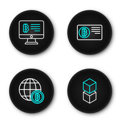 Poster - Set line Blockchain technology, Globe Bitcoin, Credit card with bitcoin and Mining from monitor icon. Vector