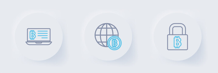 Poster - Set line Lock with bitcoin, Globe Bitcoin and Mining from laptop icon. Vector
