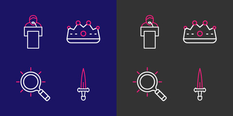 Poster - set line dagger, magnifying glass, king crown and gives lecture icon. vector