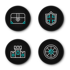 Poster - set line round wooden shield, castle, fortress, shield and antique treasure chest icon. vector