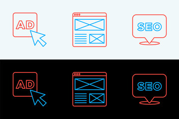 Poster - Set line SEO optimization, Advertising and Browser window icon. Vector