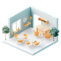 Aufkleber - a miniature, pastel-toned office space featuring minimalist furniture and plants.