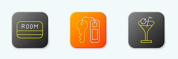 Poster - set line hotel key card, door lock and martini glass icon. vector