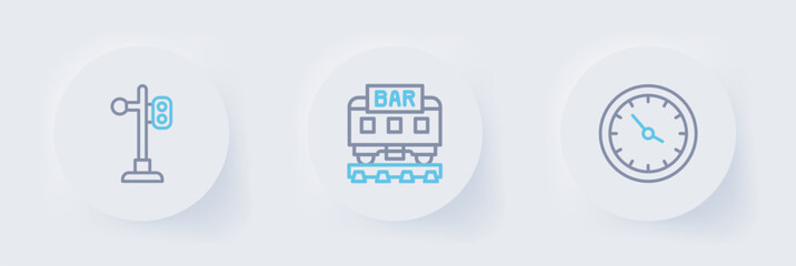 Poster - Set line Train station clock, Restaurant train and traffic light icon. Vector