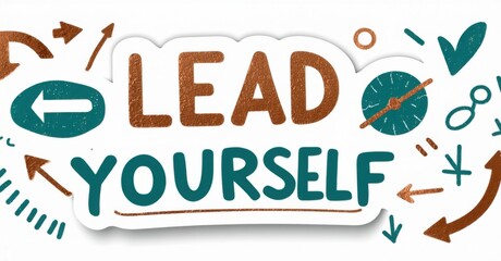 Aufkleber - Image displays text LEAD YOURSELF with doodles. Arrows, checkmark, clock, currency symbol present. Background is light, textured, suggesting motivation or guidance.