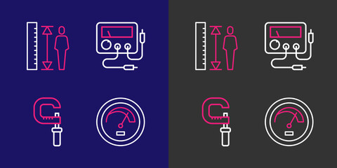 Poster - Set line Speedometer, Micrometer, Multimeter, voltmeter and Measuring height body icon. Vector