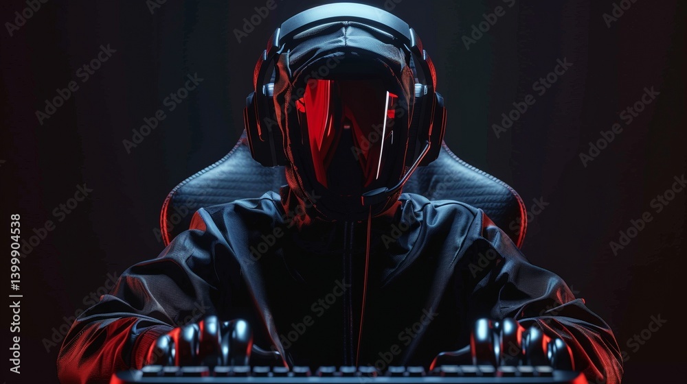 Mysterious gamer red-tinted helmet at command station image closeup ...