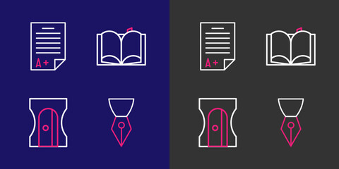 Poster - Set line Fountain pen nib, Pencil sharpener, Open book and Exam sheet with A plus grade icon. Vector