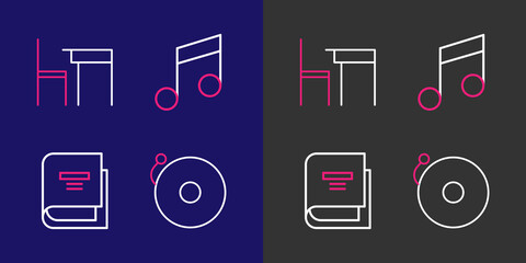 Poster - Set line Ringing alarm bell, Book, Music note, tone and School table and chair icon. Vector