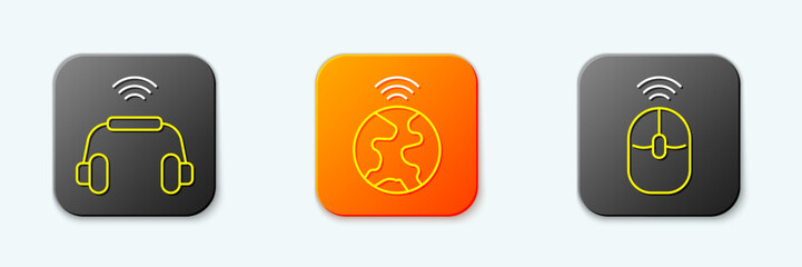 Poster - Set line Smart headphones system, Global technology and Wireless computer mouse icon. Vector