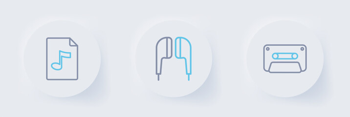Poster - set line retro audio cassette tape, air headphones and mp3 file document icon. vector