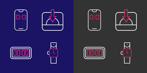 Poster - Set line Wrist watch, Digital alarm clock, Sunset and Alarm app mobile icon. Vector