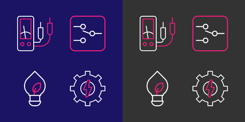 Poster - Set line Gear and lightning, Light bulb with leaf, Switch electronic circuit and Ampere meter, multimeter icon. Vector