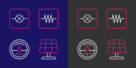Poster - Set line Solar energy panel, Electric meter, Resistor in electronic circuit and Lamp icon. Vector