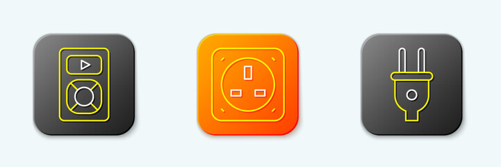 Poster - Set line Music player, Electrical outlet and plug icon. Vector