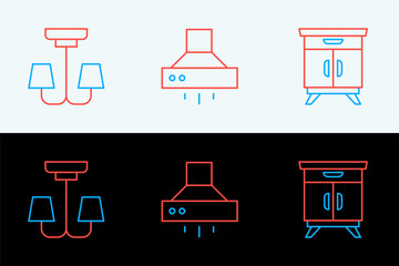 Poster - Set line Furniture nightstand, Chandelier and Kitchen extractor fan icon. Vector