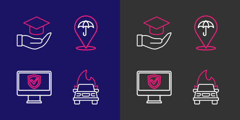 Poster - set line burning car, insurance online, umbrella and education grant icon. vector