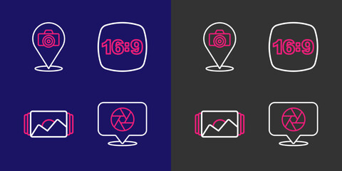 Poster - Set line Camera shutter, Photo frame, 16 and camera icon. Vector