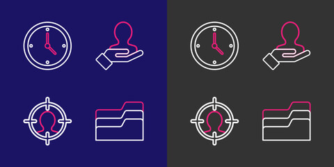 Poster - set line document folder, head hunting concept, hand for search people and clock icon. vector