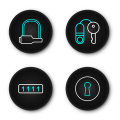 Poster - set line keyhole, password protection, house with key and bicycle lock icon. vector