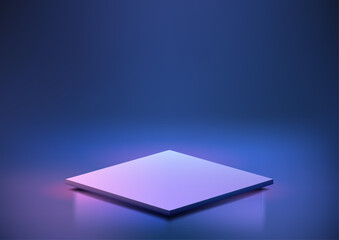 Poster - purple blue 3d square platform on glossy surface, modern technology mockup with gradient light, product display showcase