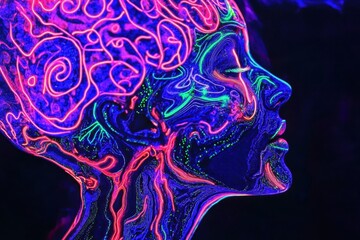 Poster - Neon artwork depicting a woman's profile with vibrant colors and intricate designs