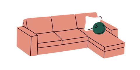 Poster - Sofa with L-shape design. Corner couch, home interior furniture, big and comfortable seat with cozy cushion decor, modern minimalist style. Flat vector illustration isolated on white background