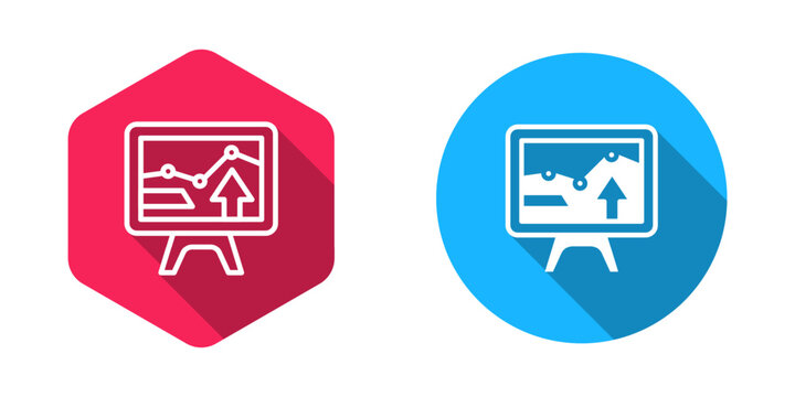 Filled and outline Computer monitor with graph chart icon isolated with long shadow background. Report text file icon. Accounting sign. Audit, analysis, planning. Vector