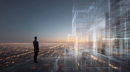 Poster - architect observing digital 3d model of future skyline at dusk